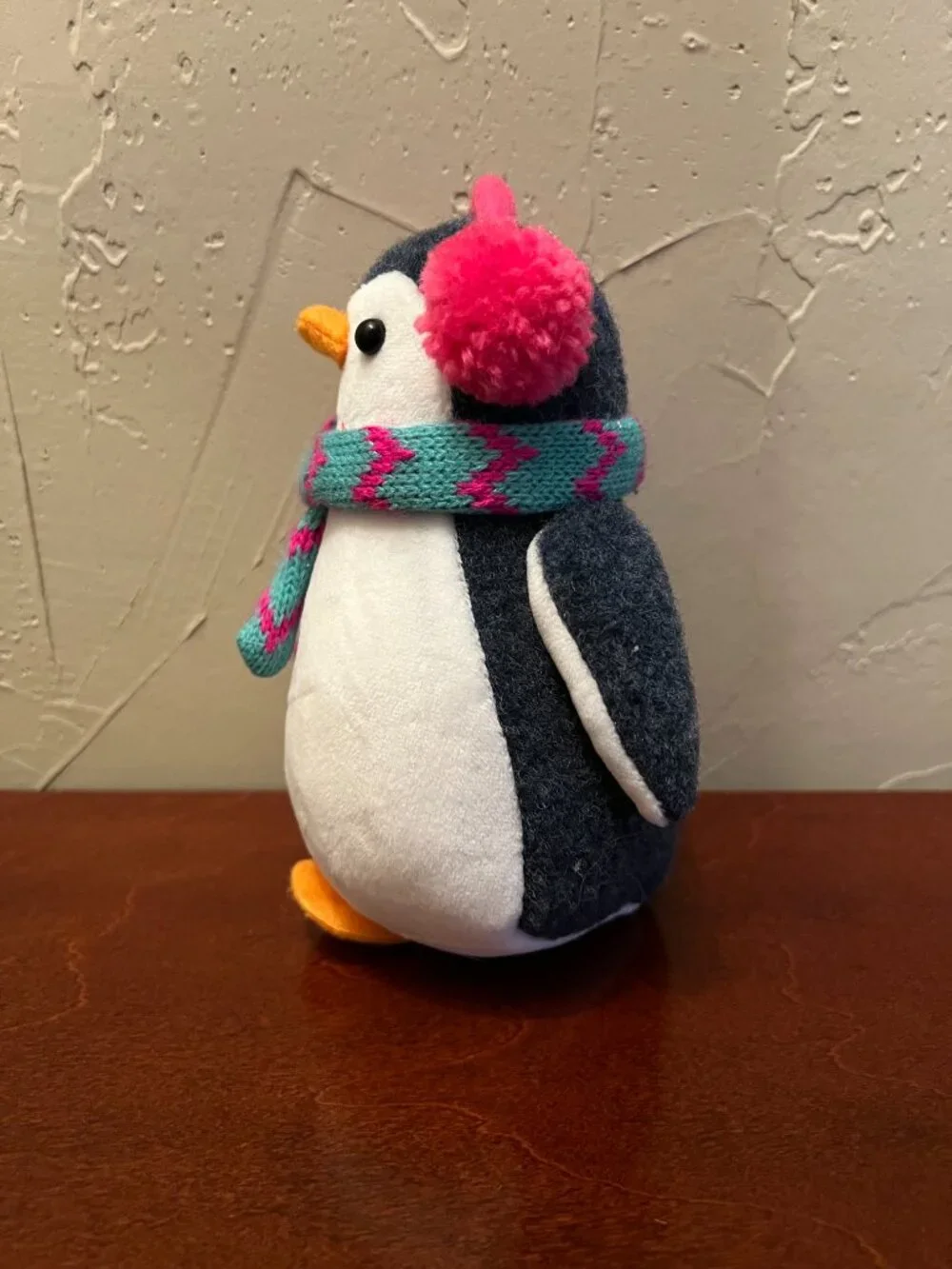 Winter Penguin Plush Figurine Pink Earmuffs Teal Scarf Christmas Holiday Decor